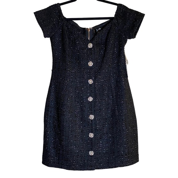AQUA Black Tweed Mini Dress Off Shoulder Party Cocktail Rhinestone Buttons M - Picture 4 of 16